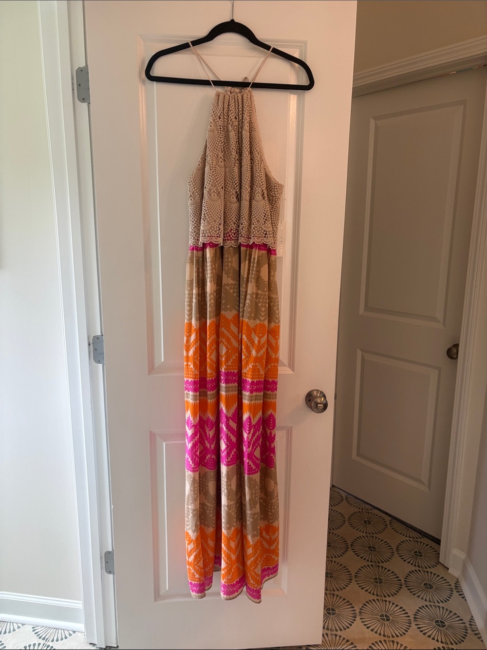 Trina Turk Beige Maxi Dress with Orange and Pink Accents